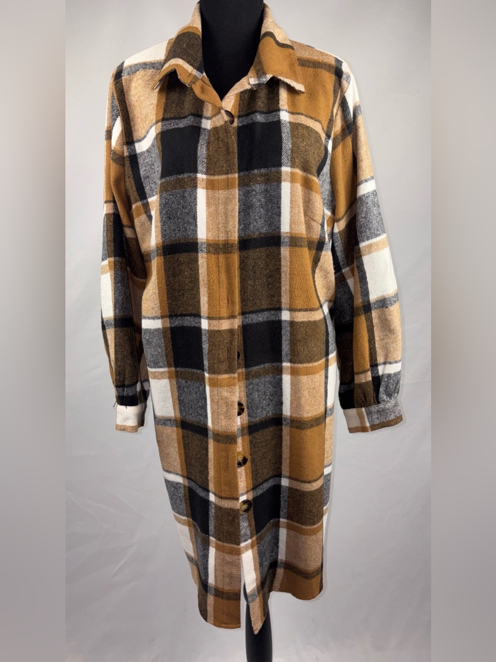 Plaid Long Coat/Jacket Shirt with pocket Camel Black White Plaid